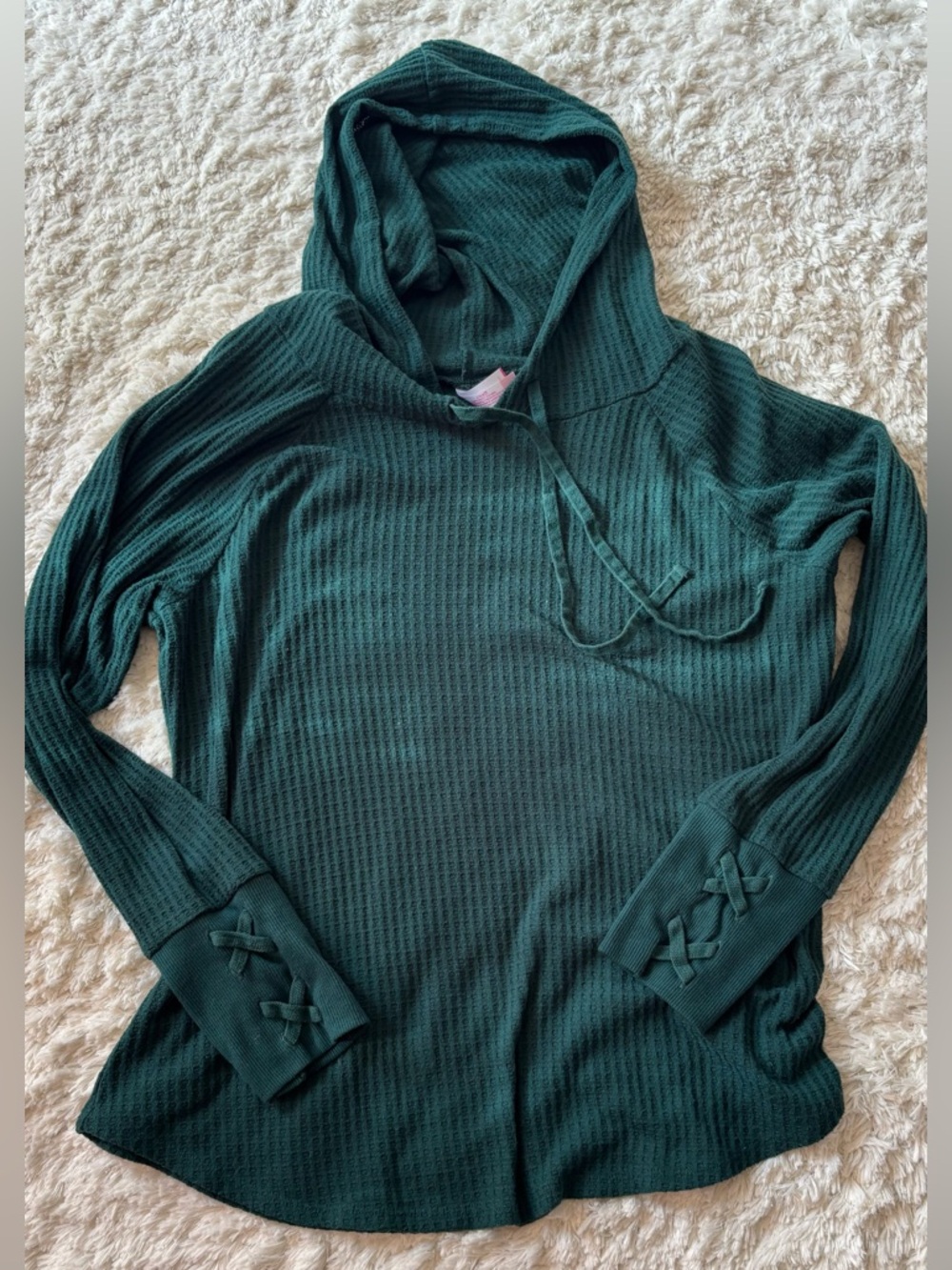 No Boundaries Dark Teal Waffle-Knit Hooded Sweater with Cuff Lacing